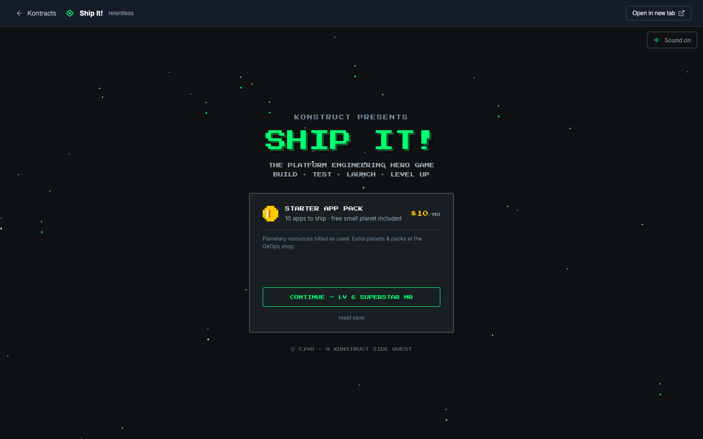 The Ship It title screen with the starter app pack and a saved hero