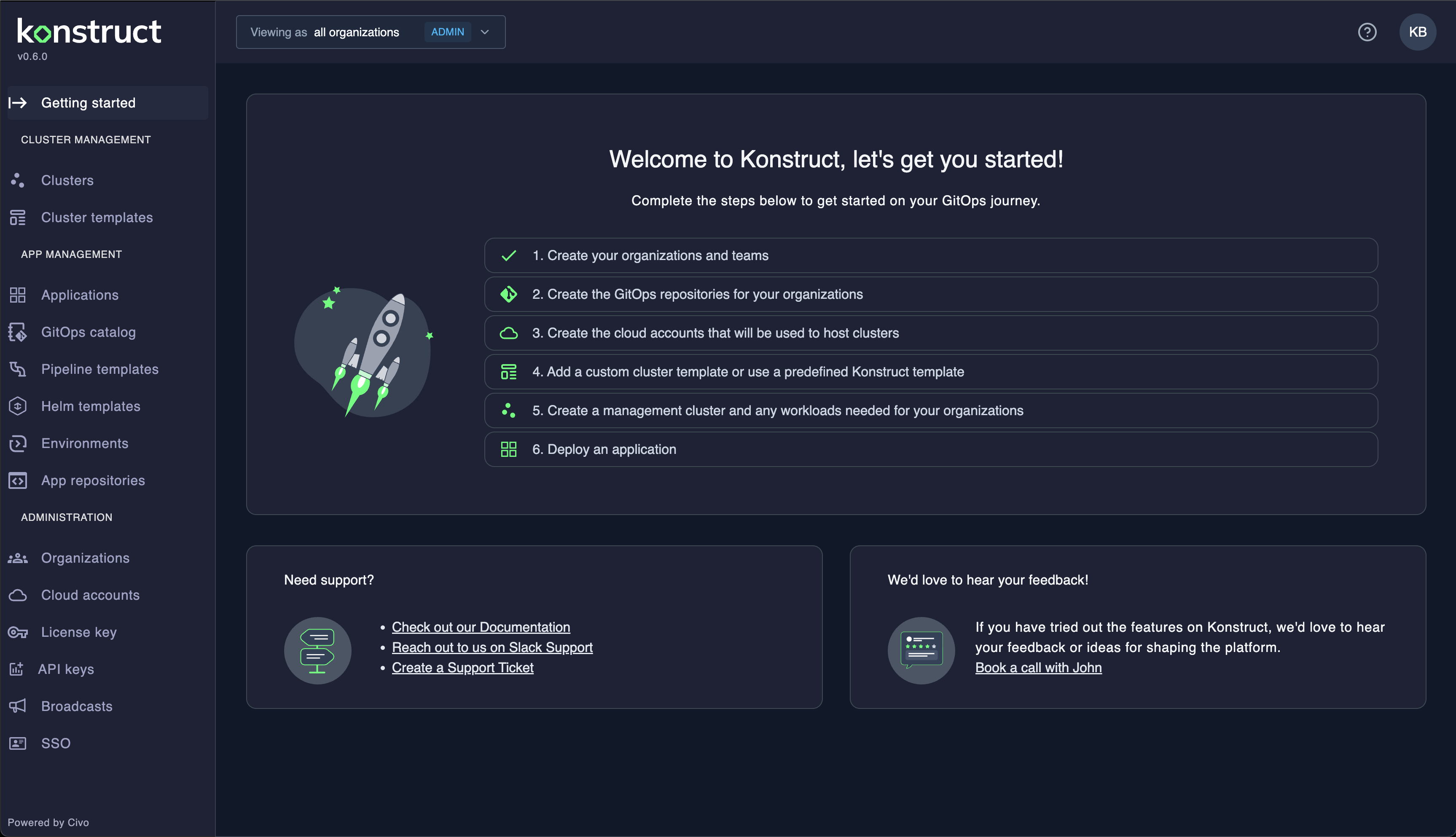 Konstruct welcome page with setup checklist