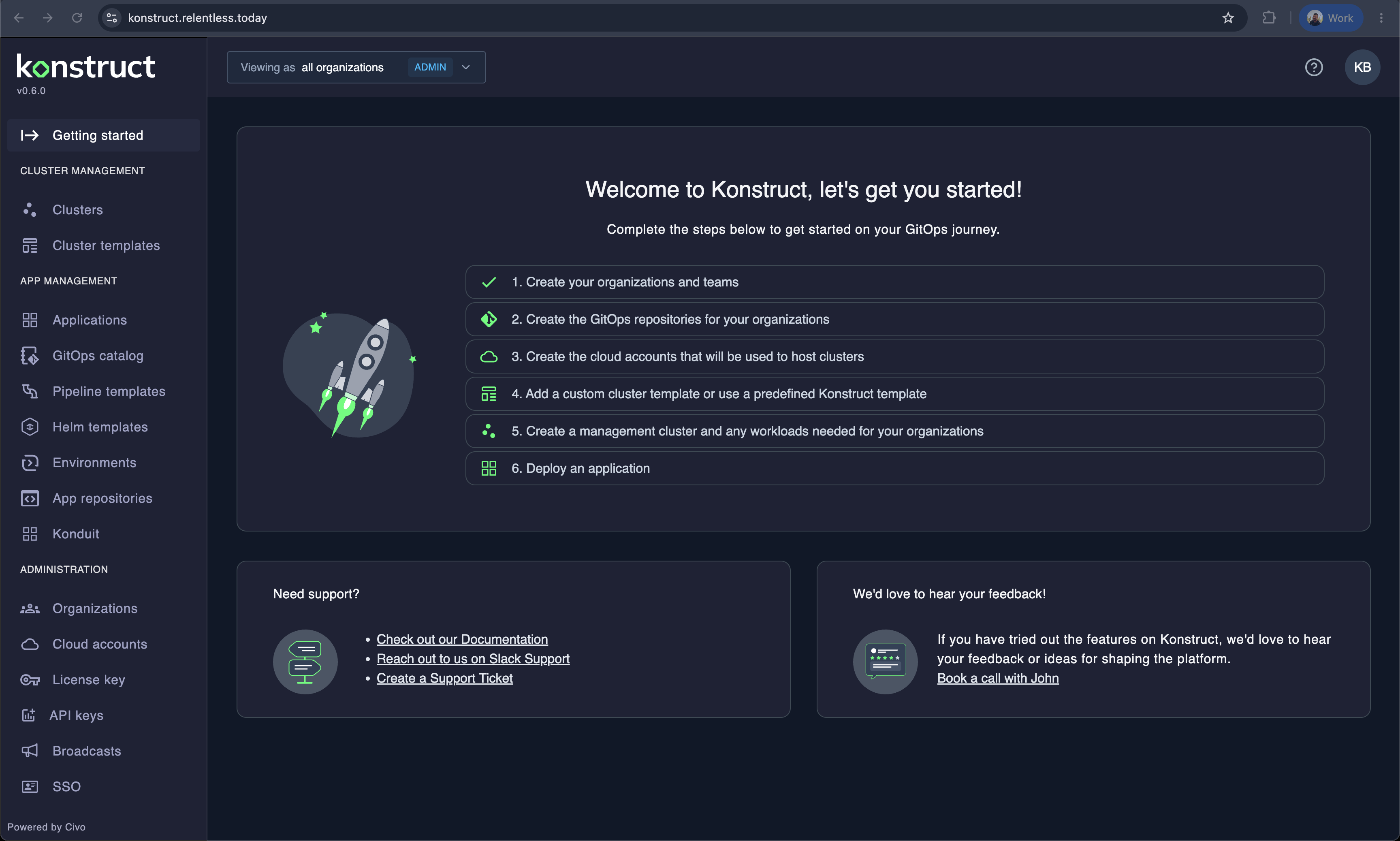 Konstruct welcome page with setup checklist