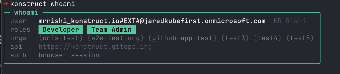 Terminal output listing the signed-in user, their Developer and Team Admin roles, the organizations they belong to, the API address, and the browser session as the credential in use